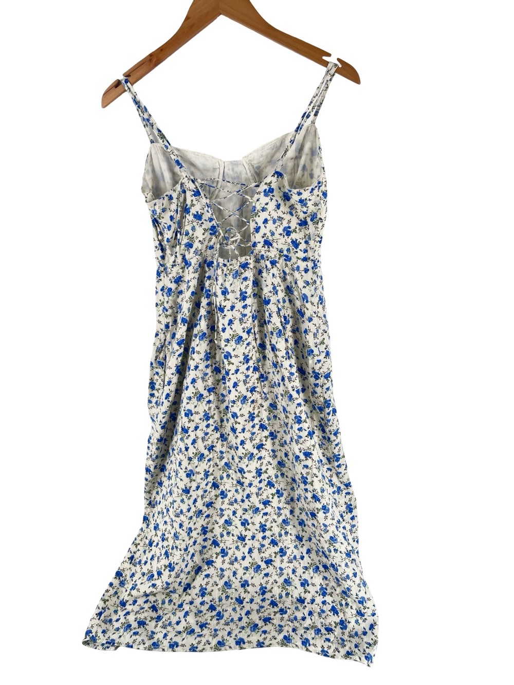 Bershka Blue Floral Corset Midi Dress Lace-Up Back Cotton Lined Women’s L - Picture 3 of 15